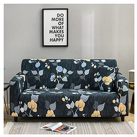 AMDXD Sofabezug 3 Sitzer, Blatt und Blume Sofa Stretchhusse Geeignet für 1/2/ 3/4 Sitzsofa und Ecksofa, in Polyester, Anti-Rutsch, Elastischer, Dunkelblau Gelb, Stil 7