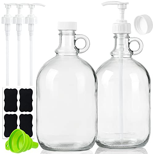 Sovietiep 2-pack 60 oz tvättmedelsdispenser med pump och lock – halv gallon glaspumpflaska för tvätt tvåldispenser, flytande tvättmedel, tygmjukgörardispenser – extra etikett, tratt