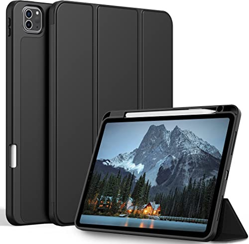 EasyAcc Hülle für iPad Pro 11 4/3/2/1 (2022/2021/2020/2018) | Mit Stifthalter, unterstützt Pencil 2. Gen, TPU Rückseite mit Auto Schlaf-/Weckfunktion，Schwarz