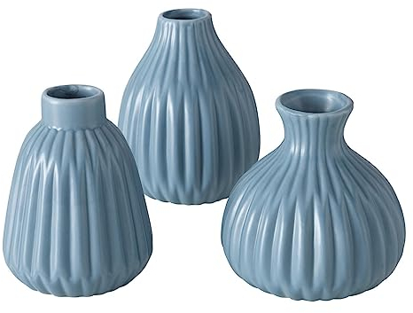 Deko Vase im 3er Set aus Keramik Mattes Design mit Rillen Höhe 12 cm Blumenvase Tischdekoration - Blau