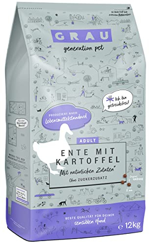 GRAU – das Original – Trockenfutter für Hunde - Ente & Kartoffel, 1er Pack (1 x 12 kg), getreidefrei, für Sensible, Erwachsene Hunde