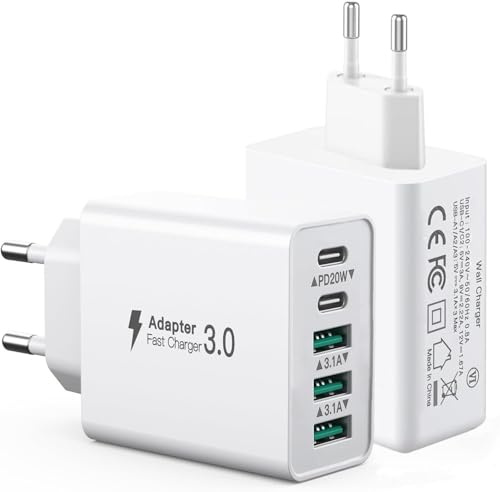 [2 Pack] Cargador USB C múltiple de 50W, Adaptador de Corriente USB de 5 Puertos[2USBC+3USBA], Cargador de Pared Carga rápida PD20W Compatible con iPhone 11/12/13/14/15/16/Galaxy S21/S22/S23/tabletas