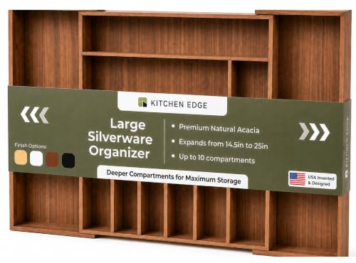 KitchenEdge Hochwertiger Besteck- und Utensilien-Organizer für Küchenschubladen, erweiterbar 36,8 bis 63,5 cm breit, 10 Fächer, lebensmittelechtes Premium-Akazienholz-Finish, Küchenablagetablett