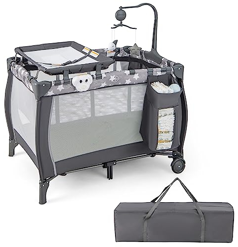 GOPLUS 3 in 1 Babybett, Klappbares Baby Reisebett mit Wickelauflage, Matratze, hängendem Spielzeug & Spieluhr, Aufbewahrungstasche, Beistellbett mit Rollen & Tragetasche für 0-3 Jahre