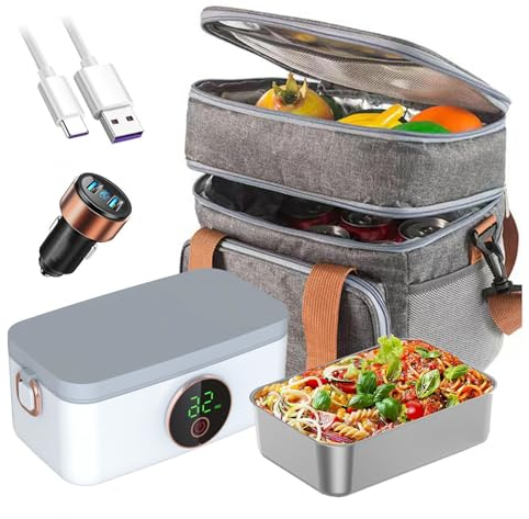 MeLtor Fiambrera Electrica Coche Recargable E Inalámbrico, Fiambrera Trabajo Portátil Y Con Batería De 16000 mAh, Fiambrera Termica Comida Caliente