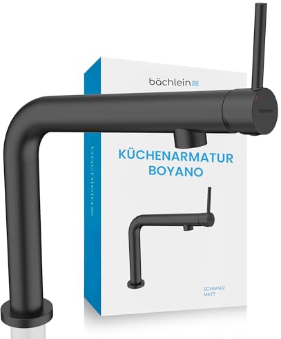 Bächlein Küchenarmatur Boyano (Matt schwarz) – Schwenkbare Einhand-Spültischbatterie aus hochwertigem Messing– Wasserhahn für die Küche mit nach vorne gerichtetem Hebel