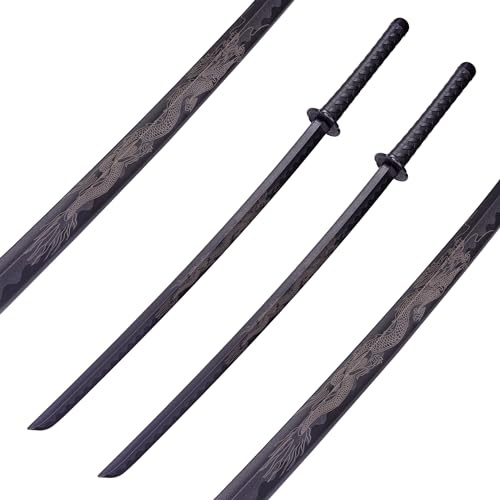 Katana-Schwert aus Polypropylen, japanisches Trainings-Samurai-Schwert, stumpfes Langschwert, Kampfkunst-Praxis, sicher, einfach, Cosplay, schwarz, Drache, Feuer, für Männer, Frauen und Kinder, zwei