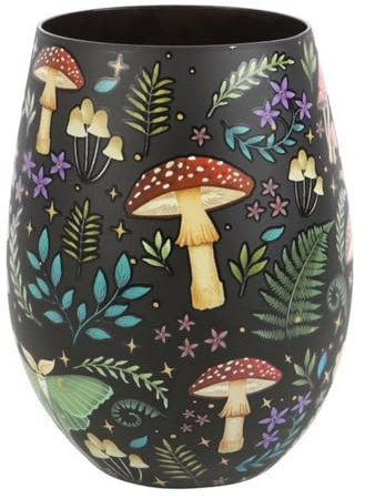 Something Different Wholesale Verre à vin sans pied imprimé forêt sombre : motif pays des merveilles célestes – champignons fantaisistes et mites lunaires – pièce de décoration d'intérieur unique et