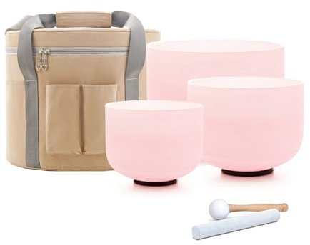 Hye-eun Pink Crystal Singing Bowls Set,432hz 8G 10F 12C 3pcs Chakra Bowl | Frosted Quartz Singing Bowl, with Beige Carrying Case, Sound Healing Yoga Meditation,Spiritual Mindfulness