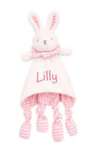 BotoBaby® Personalisiertes Schmusetuch Hase Weiß Rosa 25x25 cm – Schnuffeltuch mit Namen – Kuscheltuch Baby mit Knotenecken – Geschenk zur Geburt Taufe für Mädchen (Hase Rosa - Weiß Flauschig)