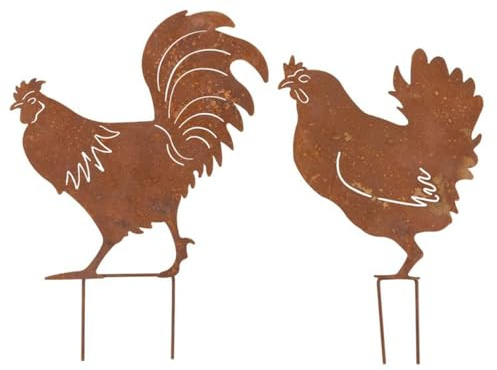 AUBRY GASPARD - Poule et Coq en Métal Effet Rouillé avec Piques De Fixation pour Jardin - Décoration Rustique - Dimensions 26X385 cm et 33X435 cm - Couleur Rouille - Taille Unique