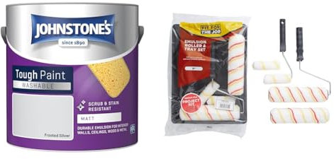 Johnstone's - Washable Paint - Frosted Silver - Matt Finish - Emulsion Paint - Highly Durable & Fit For The Job 7 piece Emulsion Paint Roller Set, 2x 9 inch & 2x Mini Paint Rollers, Frames & Paint