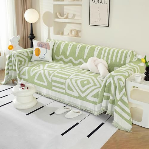 Royhom Sofa Überzug Boho, Sofabezug L Form, Couch Überzug Ecksofa, Sofaüberwurf 2 Sitzer, Couch Überwurf mit Deko Quasten, Grün Sofa Überwurf(Boho Grün, 180x260cm)