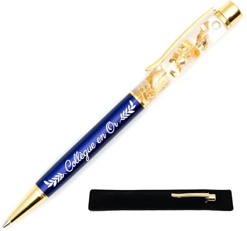 StarMaker Stylo gravé Collègue en Or, Bleu avec étui tissu - Stylo en métal à la feuille d'or - Cadeau personnalisé super collègue original et chic