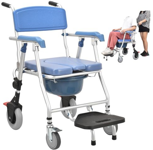 LBJDJYB Chaise de Douche de Transport, Toilettes Percées, Chaise de Douche Pliable à roulettes, Fauteuil Roulant de Douche Percée pour Toilettes avec Freins à 4 Roues