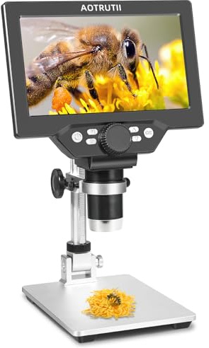AOTRUTII Microscopio digital LCD de 7 pulgadas, aumento de 1200X, cámara de video HD 12MP 1080P con soporte de metal, 8 luces LED, ventanas compatibles para inspección de monedas, placas de circuito