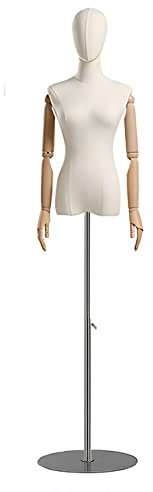 DRFGHK Weibliche Oberkörper-Schaufensterpuppe mit verstellbarem Ständer, Damen-Schneiderpuppe, Torso-Körper mit Holzarmen und runder Metallbasis, silberner Ständer