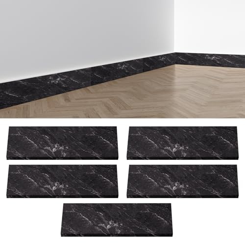 Sockelleiste Selbstklebend, 5 Stück Sockelleisten 450 x 120 x 10 mm, Folierte MDF Fußbodenleiste, Wasserdichte Fußleisten für Küche Badezimmer (Klavierschwarz)
