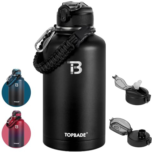 TOPBADE Edelstahl Trinkflasche Sport 1900ml, Isolierte Wasserflasche mit 2 Deckel (Strohhalm & no Strohhalm), BPA-freie 1,9 Liter Metal Sportflasche für Fitnessstudio, Bodybuilding, Outdoor