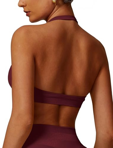 Odizli Sport BH Damen Starker Halt Große Brüste Sportunterwäsche Push Up Neckholder Rückenfrei Sportbh ohne Bügel Bügelloser Yoga Fitness Bustier Bra Top Oberteile Frauen Sporttop Weinrot S