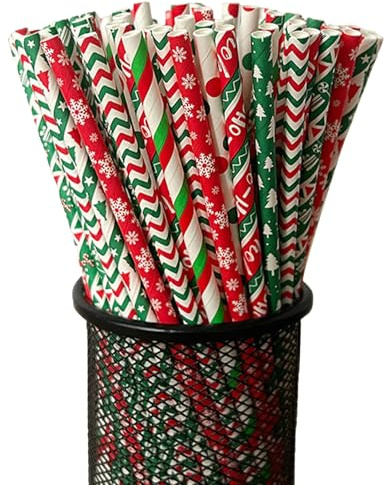 Falafoty 100 Stück Weihnachten Papierstrohhalme, Biologisch Abbaubare Weihnachtsstrohhalme zum Trinken, Bunte Gestreifte Cocktail-Strohhalme Weihnachten Dekoration, für Bar Party Geburtstag Hochzeit