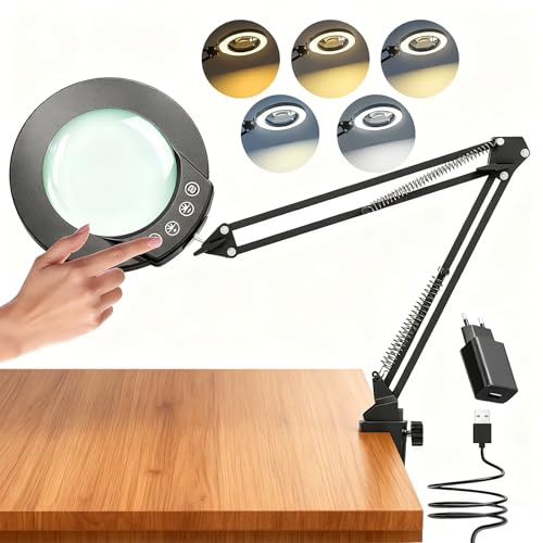 TYEE 10X Lupe mit Licht und Klemme, beleuchtete Lupe aus echtem Glas mit 5 Farbmodi und stufenloser Dimmbarkeit, freihändige Schreibtischlampe für Hobbys, Basteln, Lesen und Naharbeit,schwarz