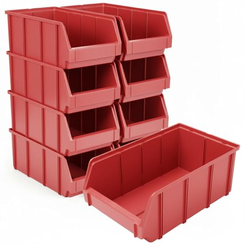 RODOPI 9er Set Stapelboxen, Größe XL | Sichtlagerkästen 489x304x185mm | Robuste Lagerboxen für Werkstatt, Garage, Keller | Aufbewahrung für großes Werkzeug & schwere Teile | Rot
