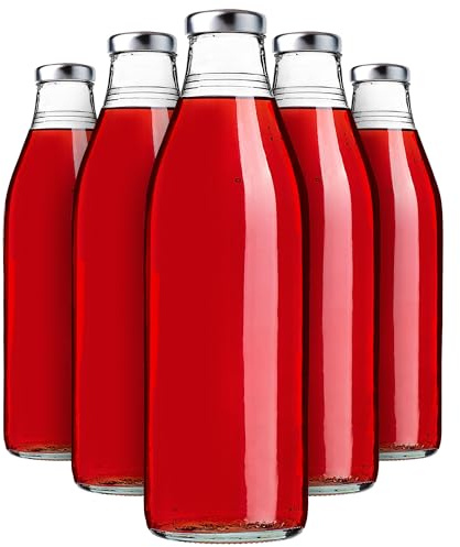 KADAX Lot de 5 Bouteilles en Verre 1L avec Bouchon à vis Argent – Bouteilles de Lait vides à remplir pour jus, Smoothies, Lait et sirop, Conservation Alimentaire