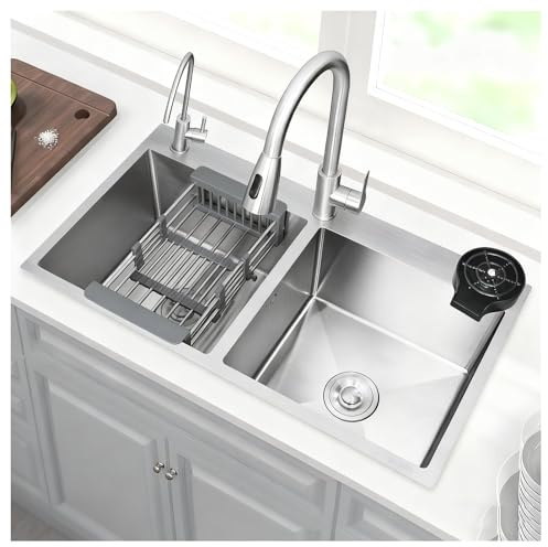 Lavello in Acciaio Inossidabile Design a Doppia Vasca con Cestello Piccolo Retrattile Lavandino da Cucina due Modalità di Scarico Angolo a R Piano Lavoro Rinforzato Tre Metodi(33.5x17.7)