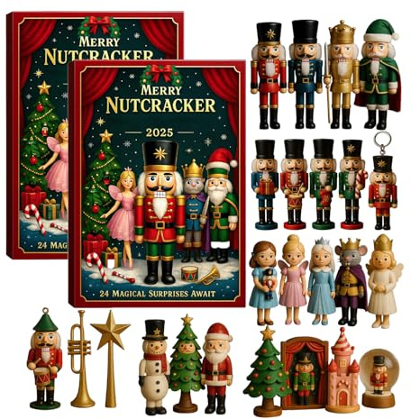 Lot de 2 calendriers de l'Avent casse-noisette 2025 avec décorations en acrylique 2D en forme de soldat casse-noisette | Jolies figurines casse-noisettes pour la maison, le bureau, décoration d'arbre