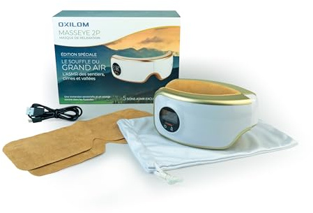 Masque de Relaxation Premium OXILOM MassEye 2P – Sons ASMR intégrés Évasion Montagne – Chaleur, Vibrations, Pression – Soulage Fatigue Visuelle, Stress, Sommeil - Cadeau Bien-Etre