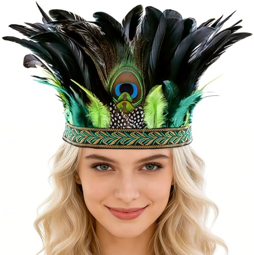 IHLOOTD Pfauenfedern Haarschmuck Feder Federschmuck Haare Federn Haarreif Pfau Kostüm Damen Accessoires Haarschmuck Hippie Boho Stirnband für Karneval Festival Themenparty Fasching