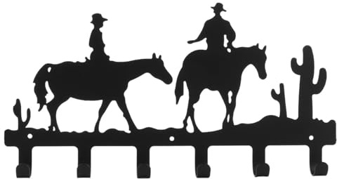 SHINEOFI Crochet Mural en Fer Forgé Motif Cowboy de L'ouest Noir, 6 Crochets Porte-manteaux Décoratif Suspendu, Accessoire de Rangement Mural pour Entrée, Chambre et Porte – Décoration