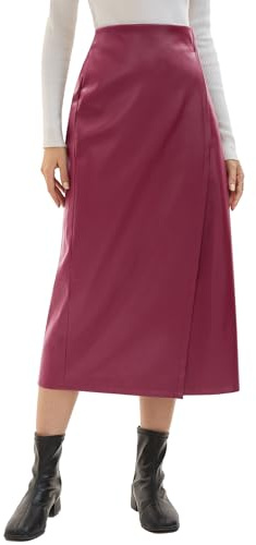 Women's Long Faux Leather Skirt Bodycon High Waist Slim Pencil Midi Skirt(Red-M)
