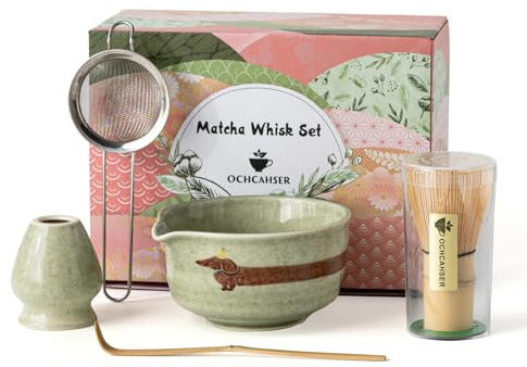 Matcha Set with Dog Pattern, 17 OZ Matcha Bowl, Matcha Kit for Tea Lovers. | Ochcahser Japanese Matcha Whisk Set Includes Ceramic Bowl And Whisk Holder, Bamboo Whisk and Scoop, Sifter. (Mottled Green)
