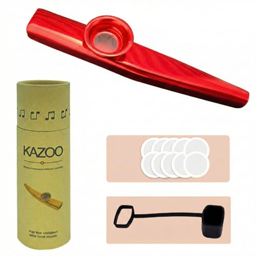 JYNVO 1 Stück Kazoo Instrument (Rot), mit 10 Kazoo Membranen, Schutzhaube & Tube, originelles Musikinstrument – weckt Kreativität & Vokals, passend für Ukulele Gitarren Partner & Anfänger