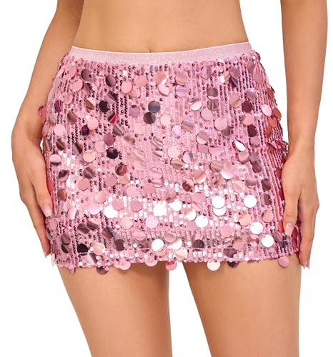 Mizogleam Sequin Skirt Women Stretchy Bodycon Wrap Mini Skirt Sparkly Glitter Shiny for Club Date Night Out Party Outfit Pink