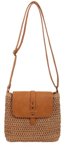 HTTDSLF Bolsa de Hombro de Paja para Mujer, Bolso Bandolera de Paja para Mujer, Pequeña Bolsa Cruzada de Verano con Cremallera, Adecuado para Viajes a La Playa, Vacaciones, Marrón