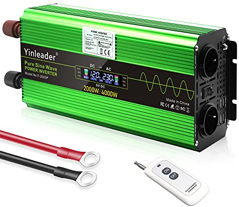 Yinleader Wechselrichter 2000W /4000W Reiner Sinus-Spannungswandler 12V 230V Stromwandler mit Fernbedienung, 2 x Steckdosen und 4 USB-Anschlüssen LCD-Display