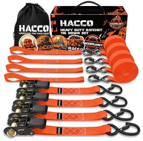 Haccoplanet Ratchet Tie Down Straps, 2340lb Break Strength, 4pc 1inch x 16FT Tie Down Strap Set with Padded Handles & Coated S Hook W/Safety Clip, Cargo Strap Tie Down for Motorcycle, Truck (Orange)