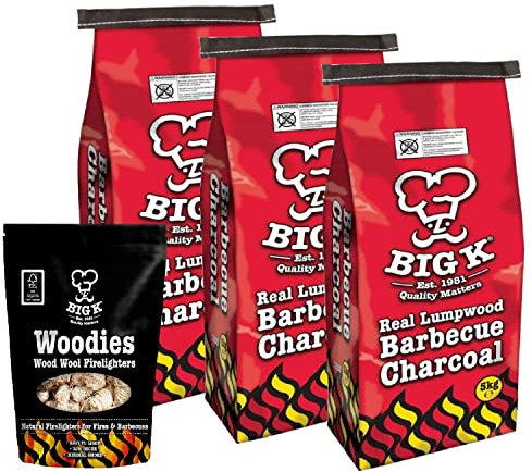Big K BBQ Grill Charcoal Bulk - Pack of 3 x 5kg Real Lumpwood Charcoal Bags & 300g Woodies Wood Wool Natural Firelighters with Topline Card for Outdoor Barbeque, Fire Pit, Camping BBQs.