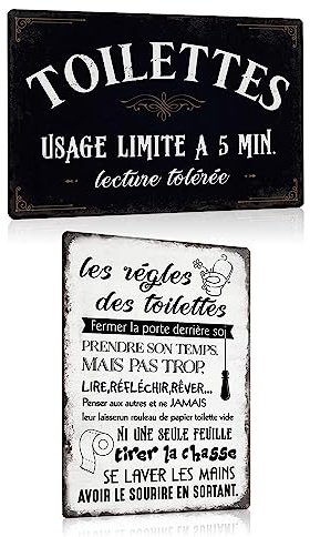 ESFIVHO Lot de 2 - Toilettes Plaque Metal avec Humour Citation Français - Les règles des Toilettes - Drôle WC Panneau Pancarte - Decoration Murale Pour Maison Salle de Bain 20x30cm (Set 01) | Les règles des Toilettes, Drôle WC Panneau Pancarte, Décoration Murale Maison Salle de Bain, 20x30cm, Set 01