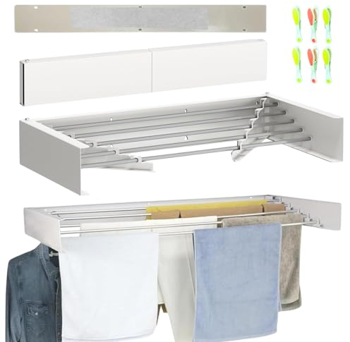 JANDTEK Stendino da Parete Richiudibile in Alluminio Bianco 100 cm – Stendibiancheria da Muro Salvaspazio Estensibile – Per Interni ed Esterni Coperti – 24 Mollette, Viti e Dima Inclusi