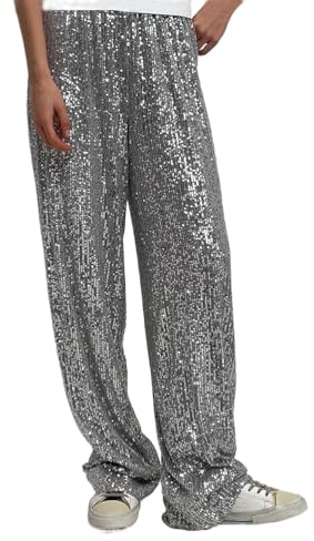 shownicer Damen Glitzer Pailletten Lange Lose Hosen Bling Freizeithose Lässig Elastisch Hohe Taille Business Hosen für Arbeit Büro Party Streetwear