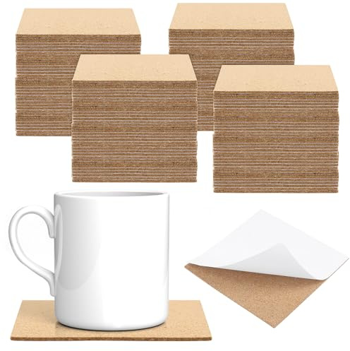 ZEONHAK 200 posavasos cuadrados de corcho autoadhesivos de 10 x 10 cm, 2 mm de grosor, hoja de respaldo de corcho para posavasos, manualidades