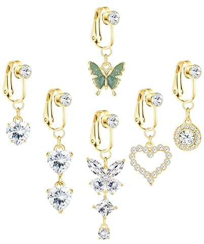 LOLIAS 6 Pcs Faux Anneaux Ventre Clip Piercing Nombril Acier Chirurgical avec Coeur Suspendu Papillon Lune Démon Mauvais Œil Bijoux Non Piercing