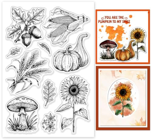GLOBLELAND Herbstpflanzen Clear Stempels Kürbis Sonnenblume Eichel Pilz Silikon Clear Stempel Siegel Weizen Ähre Mais Transparente Stempel Für DIY Scrapbooking Kartenherstellung