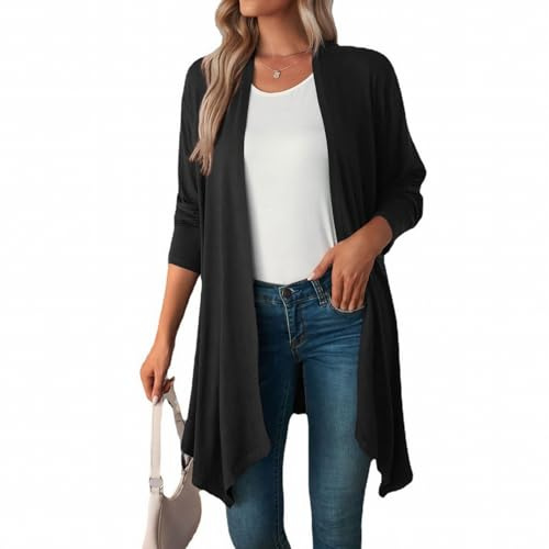 MSIYOW Cardigan Donna Lungo Manica Lunga Cardigan Leggero Estivo Autunnale Coprispalle Elegante Casual (S, Nero)