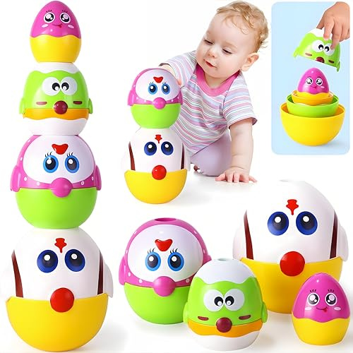 MOONTOY Montessori Leksaker för 1-2 År Gamla Gåvor, 8 St Staplingsleksaker, Kyckling Häckande Ägg, Pedagogisk Bad Babyleksak, 12-18 Månaders Födelsedagspresent