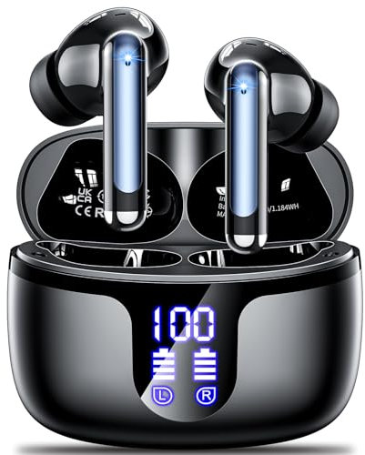 Wireless Earbuds Bluetooth 5.3 Headphones in Ear with 4 ENC Noise Cancelling Mic 2025 New Ear buds 42h Playtime HiFi Stereo Deep Bass Earphones IP6 Waterproof LED Display Bluetooth Earbuds USB-C Black
